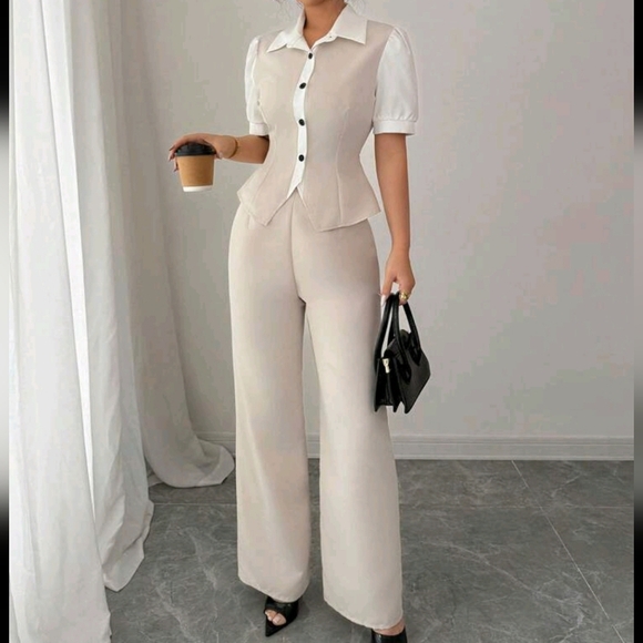 Women's 2 Piece Set Casual Splice Contrast Button Decor Short Sleeve - Picture 1 of 4